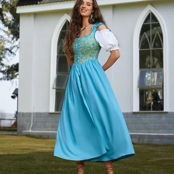 HOT ! Renaissance Costume Women Medieval Corset Dress Puff Sleeve Fairy  Dress